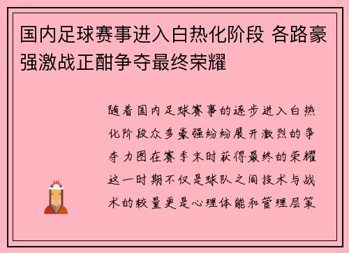 国内足球赛事进入白热化阶段 各路豪强激战正酣争夺最终荣耀