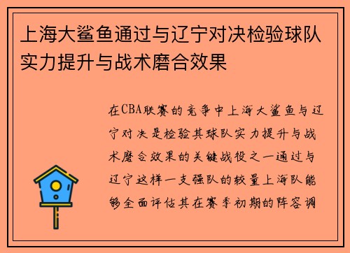 上海大鲨鱼通过与辽宁对决检验球队实力提升与战术磨合效果